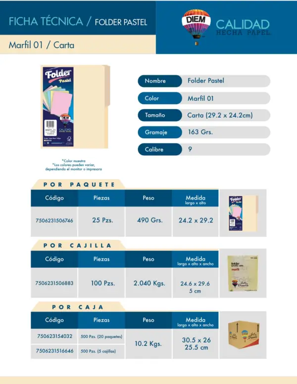 Folder Tamaño Carta DIEM. Color Crema. Cantidad: 100 Folders. Gramaje 163 grs. Calibre 9. Tamaño 29.2 x 24.2 cm. MF01C100. -