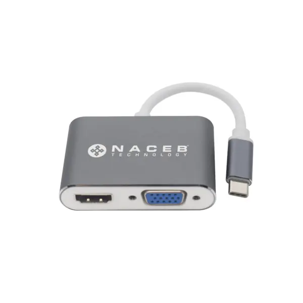 Adaptador Tipo C a HDMI VGA Naceb Technology NA-0113 - Plata, USB C, HDMI VGA