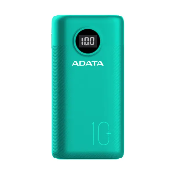 PowerBank ADATA P10000QCD - 10, 000 mAh. Dos puertos USB-A y un puerto USB-C, carga tres dispositivos simultáneamente, indicador de carga, color verde.