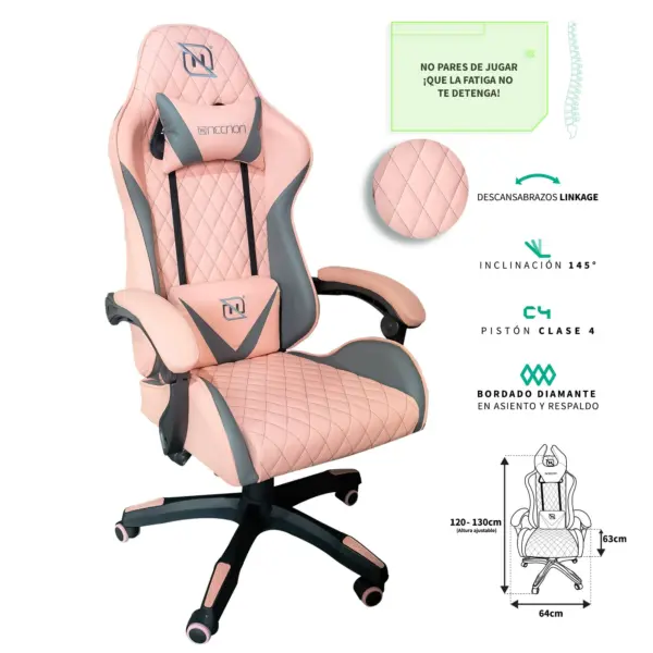 SILLA GAMER INCLINACION RESPALDO 145 CLASE 4 140-150KG NGS-01 FOAM 350MM 63CM*64CM*121-131CM COJIN LUMBAR Y CABEZA ROSA/GRIS -