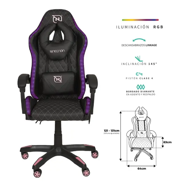 SILLA GAMER RGB INCLINACION RESPALDO 145 CLASE 4 140-150KG NSG-RGB1 FOAM 350MM 63CM*64CM*121-131CM COJIN LUMBAR Y CABEZA NEGRO/FUSCIA -
