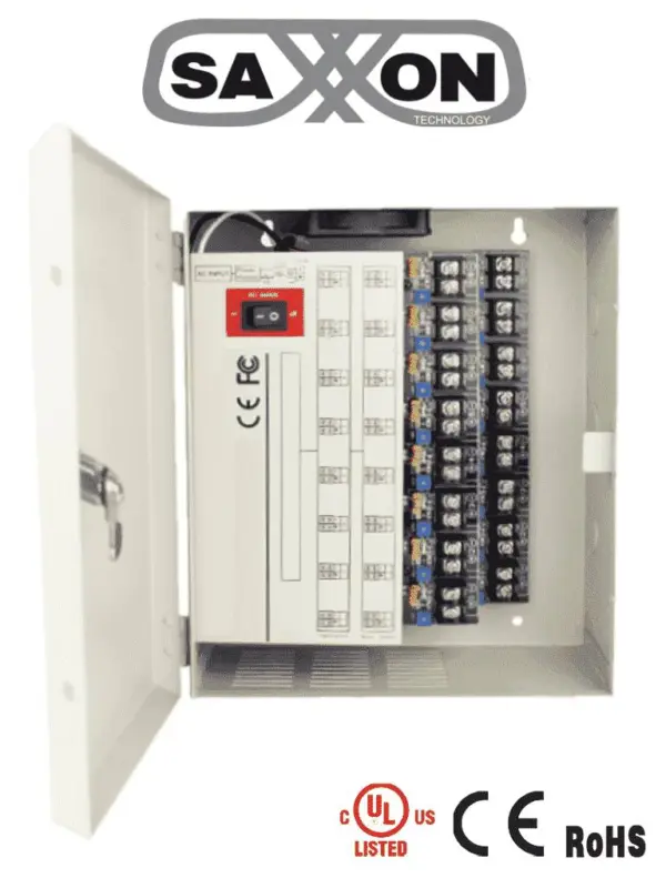 SAXXON PSU1220D16H- Fuente de Poder Profesional de 11 a 15 vcd/ Para 16 Camaras Hasta 4k/ 1.25 Amperes por Canal/ Protección contra Sobrecargas -