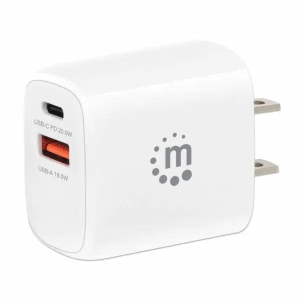 406291 Cargador de pared mini para carga de energía por USB de 2 puertos - 20 W - enchufe de EUA, Color blanco