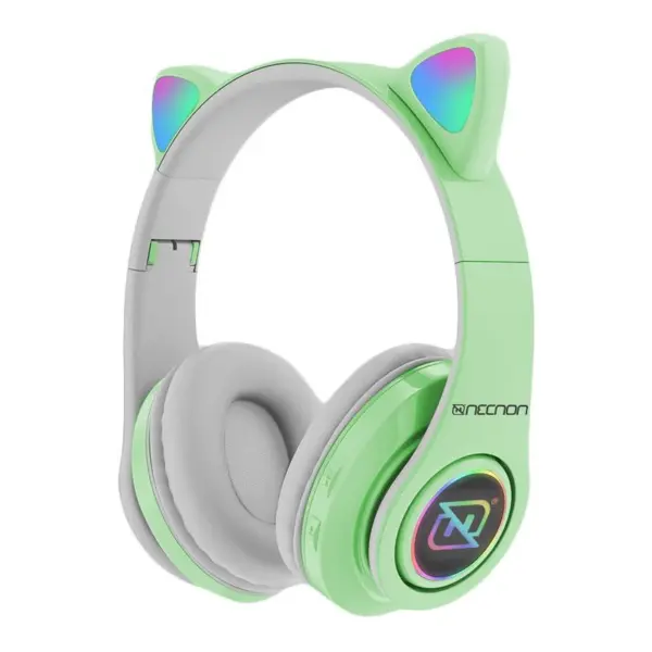 AUDIFONOS ON-EAR BLUETOOTH NBH-07 CON OREJAS LUZ RGB RADIO FM MICRO SD 3.5MML MANOS LIBRES VERDE -