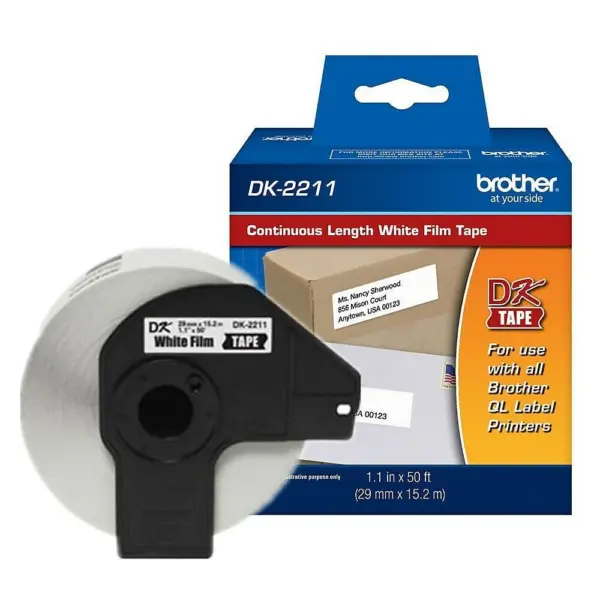 Etiqueta blanca plástica continua no laminada Brother DK2211 de 29 mm de ancho x 15.2 mts de largo. Impresión en negro. QL800 / QL810W / QL1110NWB. -