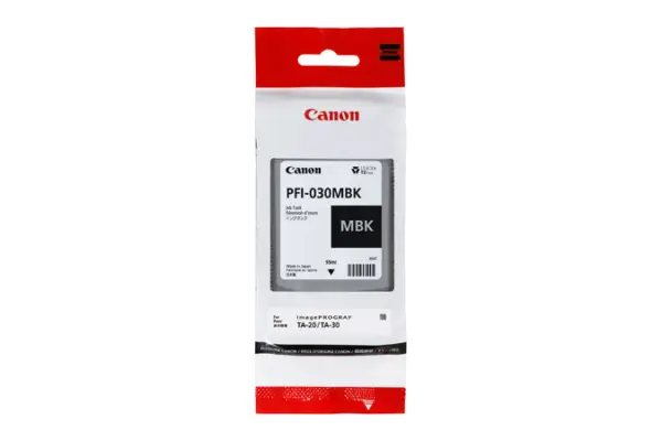 Tanque de tinta CANON PFI-030 BK - Negro, Tecnología de impresión inyección de tinta. Compatible con  Plotter Canon TA-20 y TA-30. Capacidad 55 ml