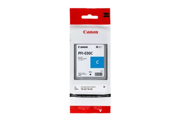 Tanque de tinta CANON PFI-030 - Cian, Tecnología de impresión inyección de tinta. Compatible con  Plotter Canon TA-20 y TA-30. Capacidad 55 ml
