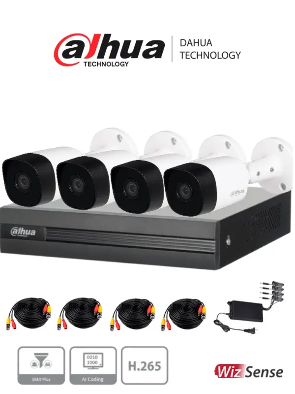 Kit de videovigilancia Dahua Technology DH-KIT/XVR1B04H-I/4-B2A51N-0280B-S2 - Interior y exterior, Alámbrico, 4, 2592 x 1944 Pixeles, 5 MP