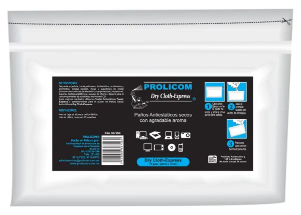 Toallas secas antiestáticas PROLICOM - DRY CLOTH-EXPRESS, bolsa 16 pz, Paños secos, Componentes electrónicos