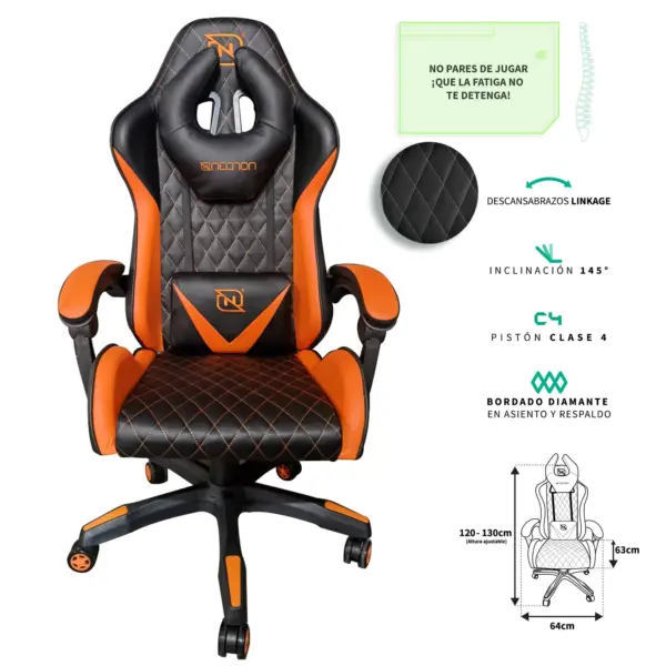 SILLA GAMER INCLINACION RESPALDO 145 CLASE 4 140-150KG NGS-01 FOAM 350MM 63CM*64CM*121-131CM COJIN LUMBAR Y CABEZA NEGRO/NARANJA -