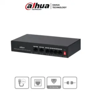 Switch PoE de 6 Puertos Fast Ethernet/4 Puertos PoE 10/100/ 2 Puertos uplink 10/100/ 36 Watts Totales/ Switching 1.2 Gbps -