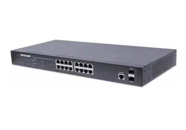 Switch INTELLINET Administrable Gigabit Ethernet de 16 puertos PoE  con 2 puertos - Negro, 260 W, 16 puertos, Cat5e, Cat6, RJ-45