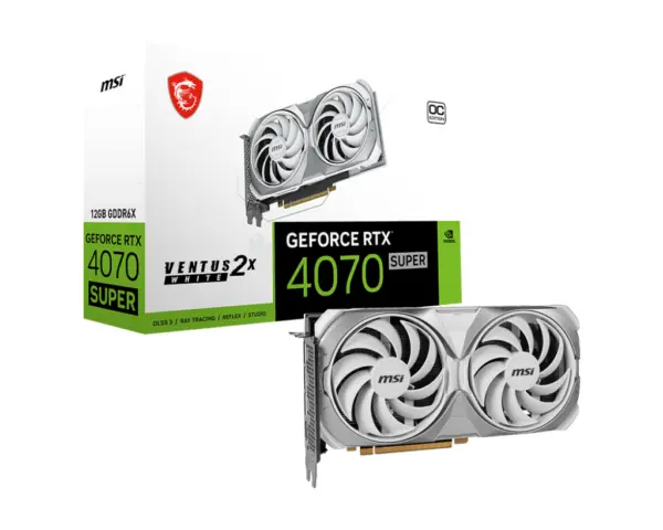 Tarjeta de video MSI RTX 4070 SUPER 12G VENTUS 2X WHITE OC - NVIDIA, GeForce RTX 4070 SUPER, 12 GB, GDDR6X, PCI Express 4.0